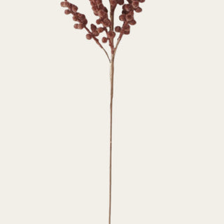 Stem detail of the 28-inch Brown Flocked Berry Stem showing its slender 75% plastic and 25% iron-wire construction, designed for careful shaping and positioning in faux floral arrangements.