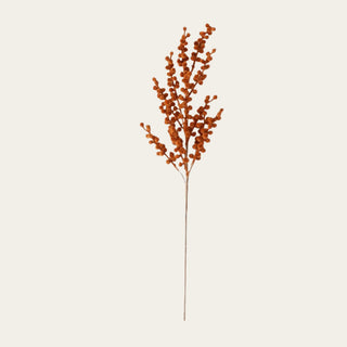 Burnt orange faux berry floral stem shown in full view with branching clusters of small orange berries, a slim wired stem, and warm seasonal texture for fall arrangements, holiday vases, statement floral designs, and layered faux floral styling.