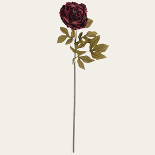 Full view of a 30 inch burgundy faux peony stem featuring a large layered bloom, realistic foliage, and a wired shapeable stem for fall, winter, and holiday floral arrangements.
