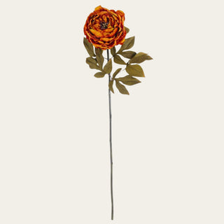 Full view of a 30 inch burnt orange faux peony stem featuring a layered bloom, warm autumn coloring, realistic foliage, and a wired shapeable stem for fall floral arrangements.