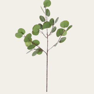 Single faux green round eucalyptus stem with rounded layered leaves, flexible wired branching, and fresh greenery texture for year-round floral arrangements and organic styling.
