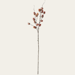 Full view of a 32 inch orange and brown faux acorn stem with slender branching, flexible wired construction, and clustered acorns for fall and winter vase arrangements.