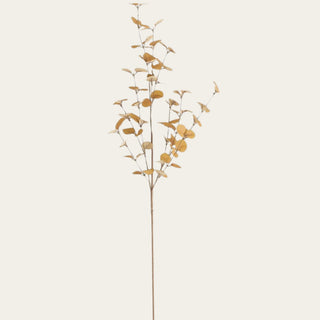 34 inch artificial dark yellow eucalyptus stem with realistic faux foliage, warm golden tones, and brown-edged leaves for luxury fall floral arrangements.