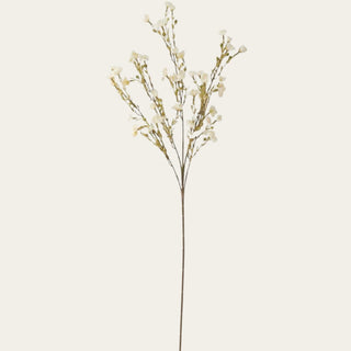 35-inch White Faux Chamelaucium Spray featuring delicate white blooms and branching stems that pair beautifully with peonies, protea, eucalyptus, globe amaranth, roses, and seasonal florals while adding height, movement, and airy texture to arrangements throughout the year, including elegant holiday and winter styling.