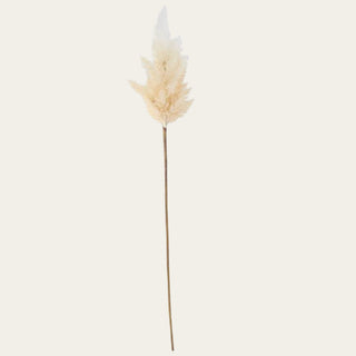 Full view of a 35 inch cream flocked faux pampas grass stem with a soft textured plume and wired shapeable stem for summer, fall, and winter vase arrangements.