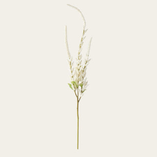 White faux amaranthus stem with long textured trailing blooms, soft green leaf detail, and a wired bendable stem