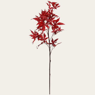 Full view of a 37 inch crimson red faux maple leaf spray with layered pointed leaves, natural branching, and a wired shapeable stem for fall and winter vase arrangements.