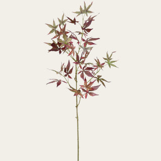 Full view of a 39 inch burgundy and green faux Japanese maple leaf spray with fine pointed leaves, open branching, and a wired shapeable stem for fall vase arrangements.