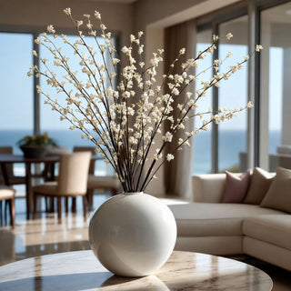 45 inch creamy white hoary willow spray stem styled in a glossy white vase on a marble table, showing airy faux floral branches with soft ivory blossoms for modern coastal home decor, tall vase arrangements, spring styling, and year-round neutral floral displays.