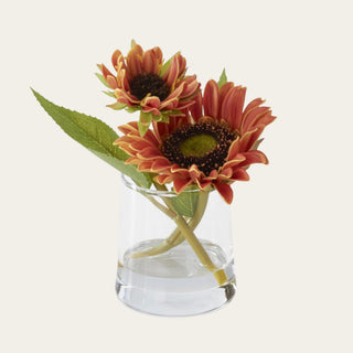 Artificial 6.5 inch Orange Real Touch Mini Sunflower premade arrangement in a clear glass vase with realistic blooms and greenery.