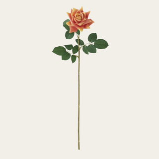 Single 25-inch Apricot Sunset True Bloom Duchess Rose stem with warm coral-apricot petals, golden shading, green leaves, and wired faux stem