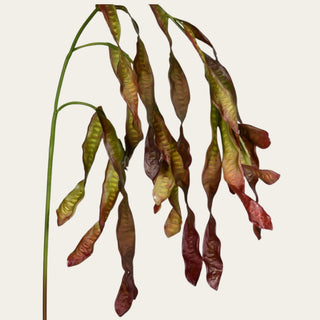 Close-up of an artificial Brown & Green faux Leucaena Glauca stem showcasing realistic cascading seed pods and botanical texture for designer floral styling.