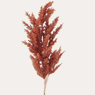 Close-up of an artificial burnt terracotta sorghum grass stem featuring realistic faux seed heads and rich botanical texture for luxury seasonal floral designs.