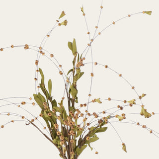 Close-up of an artificial light brown bead bud spray featuring realistic faux foliage, delicate bead accents, and airy botanical texture for fall and winter floral styling.