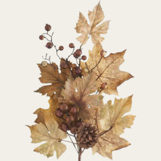 Close-up of an artificial maple leaf spray featuring realistic faux autumn leaves, berries, and a pine cone for designer seasonal floral styling.
