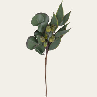 22 inch artificial mixed eucalyptus bundle featuring three realistic faux stems with rounded eucalyptus leaves, elongated foliage, and natural seed pods for year-round floral arrangements.