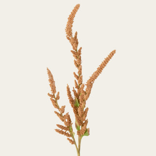 Close-up of an artificial mustard faux amaranthus stem featuring realistic cascading texture and detailed faux plumes for designer floral arrangements.