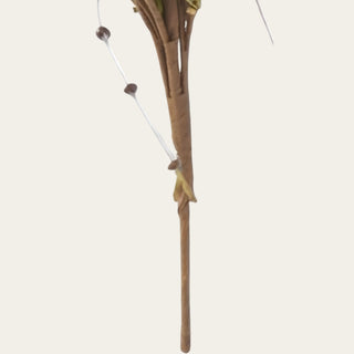Stem detail of a 25 inch artificial olive green bead bud spray with faux foliage, showcasing wired construction for shaping and natural floral styling.