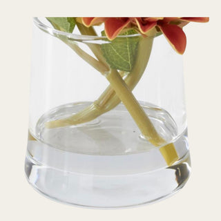 Glass vase detail of the artificial Orange Real Touch Mini Sunflower premade arrangement showing permanently arranged stems and realistic construction.