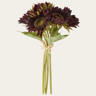 Luxury artificial burgundy Real Touch sunflower bundle styled in a designer floral arrangement for fall, winter, and holiday home décor.