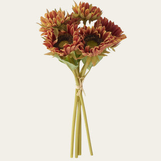 Luxury artificial Real Touch dark orange sunflower bundle styled with seasonal faux florals in a glass vase, creating a warm designer arrangement for summer and fall decorating.