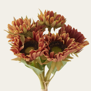 14 inch artificial Real Touch dark orange sunflower bundle featuring six realistic faux blooms with layered petals for petite vases and elegant summer-to-fall home decorating.