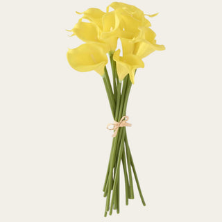 14 inch artificial Real Touch yellow calla lily bundle with twelve realistic faux blooms styled for petite vases and elegant spring, summer, and fall home decorating.