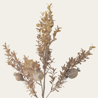 Close-up of an artificial Taupe Brown poppy pod spray showing realistic faux seed pods, weathered botanical texture, and natural branching for designer floral arrangements.