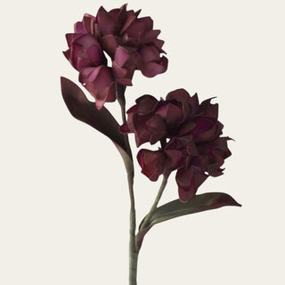 Close-up of an artificial two-tone plum EVA hydrangea bloom featuring realistic faux petals with layered berry tones for designer floral styling.