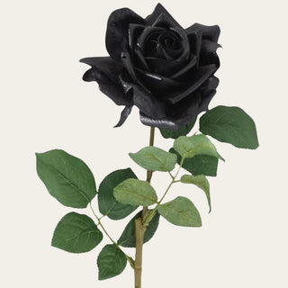 Close-up of the black artificial real touch Duchess rose bloom showing layered petals, deep coloration, and a sculptural floral surface with realistic faux leaf detail. 