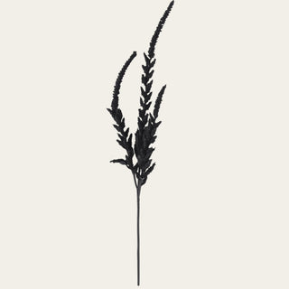 Black faux amaranthus stem with curved textured strands and a wired shapeable stem, styled for tall vase arrangements, statement vessels, and moody seasonal floral designs.