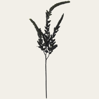 Black faux amaranthus stem shown in full view with a long textured shape, ideal for statement vases, narrow-neck vessels, and fall, winter, or holiday arrangements.