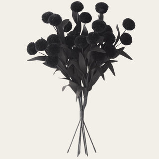 Black pom pom pick with EVA leaves bundle shown in full view, ideal for petite vases, compotes, footed bowls, and fall, winter, or modern holiday arrangements.