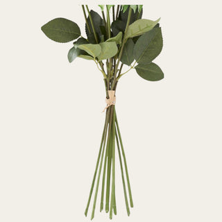 Detailed view of the black rose bud bundle stems and faux green leaves, showing the wired construction and shapeable stems used for controlled placement in arrangements.