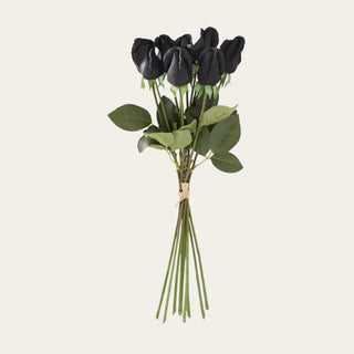 Black True Bloom Real Touch Rose 9 Stem Bud Bundle shown in full view with green foliage and wired stems, ideal for petite, narrow-neck, everyday, and standard vases in summer, fall, and winter arrangements.