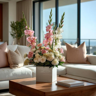 Blush pink and white True Bloom gladiolus stems styled in a white vase with soft ivory and blush florals on a wood coffee table in a light-filled living room