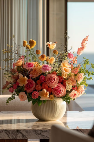 Colorful flower arrangement on a marble table with a modern interior background