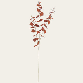 35.5 inch brown and orange faux eucalyptus spray with layered rounded leaves, flexible wired branches, and seasonal foliage for late summer, fall, and winter vase arrangements.