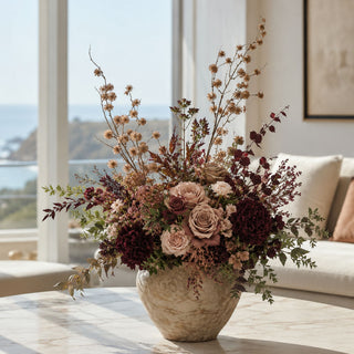 Brown Sycamore Fruit Ball Branch styled as tall texture and movement in a fall floral arrangement with mauve roses, burgundy dahlias, airy filler stems, burgundy foliage, and layered greenery in a stone vessel on a marble coffee table in a bright coastal living room.