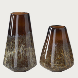 Small 11-inch and large 14-inch brown and cream handcrafted blown glass vases shown side by side