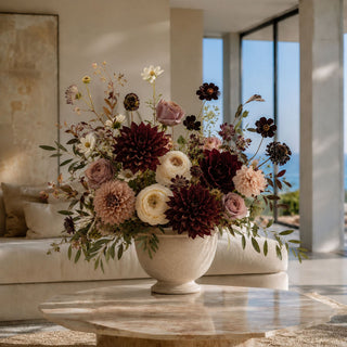 Luxury Floral arrangement in a sunny California home of Burgundy Real Touch Blossom & Bud Dahlia Stem - 24 Inch