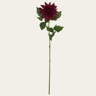 Burgundy Real Touch Dahlia Stem shown in full view with deep burgundy petals, traditional faux green leaves, and a wired shapeable stem for everyday, narrow-neck, standard, wide-mouth, and statement vase arrangements.