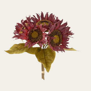 10.25-inch Dried Burgundy Sunflower Bundle featuring 5 faux sunflower stems with deep burgundy petals and golden-brown centers, ideal for pairing with cream dahlias, proteas, eucalyptus, globe amaranth, and seasonal greenery. The rich coloring makes this bundle especially beautiful for fall decorating, Thanksgiving centerpieces, winter arrangements, and holiday floral displays where warmth, depth, and texture are desired.