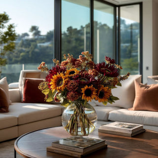 Dried Burgundy Sunflower Bundle styled with seasonal florals and greenery in a glass vase, creating a rich fall and holiday arrangement featuring warm burgundy tones, golden accents, and layered texture for elegant seasonal decorating.
