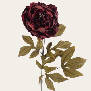 Close-up of the burgundy faux peony showcasing layered ruffled petals, rich wine-toned coloring, and detailed bloom texture for seasonal floral arrangements.