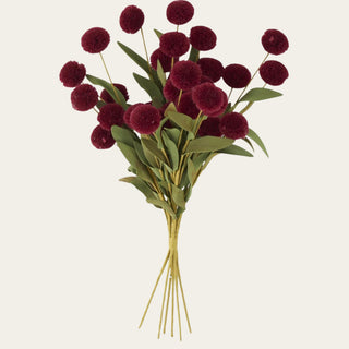 Burgundy pom pom pick with EVA green leaves bundle shown in full view, ideal for petite vases, compotes, footed bowls, and fall floral arrangements.