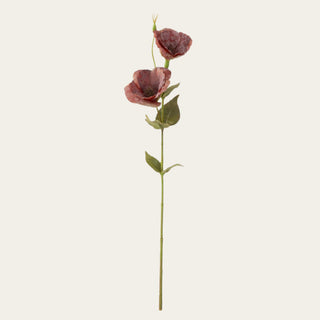 19 inch Burgundy Real Touch bellflower stem featuring two softly cupped blooms, a developing bud, realistic green foliage, and a flexible wired stem for year-round floral arrangements.