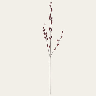 33 inch burgundy velvet willow stem shown in full view with slender wired branches and soft burgundy buds, used to add texture, color, and movement to fall, winter, and holiday floral arrangements.
