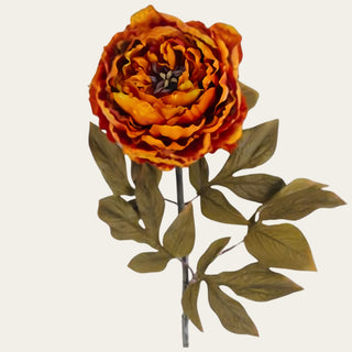 Close-up of the burnt orange faux peony highlighting layered petals, rich amber and rust tones, realistic floral texture, and a full garden-inspired bloom.