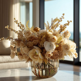 Champagne and cream faux floral arrangement with soft gold tones in a glass vase, styled on a marble coffee table in an elegant modern living room